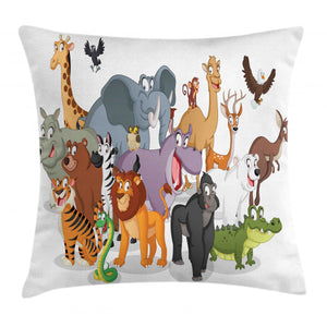 Cheerful Woodland Fauna Pattern Printed Cushion Cover