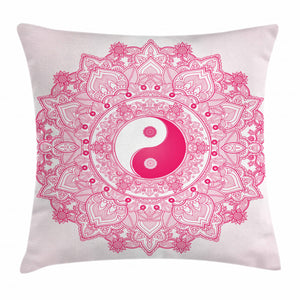 Mystical Pink Flower Yin Yang Pattern Printed Cushion Cover
