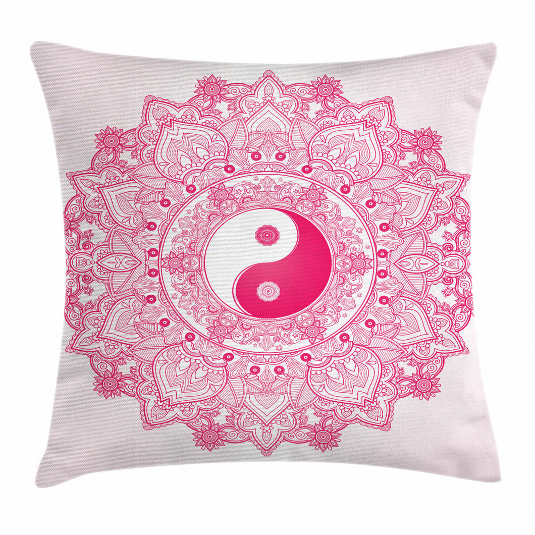 Mystical Pink Flower Yin Yang Pattern Printed Cushion Cover